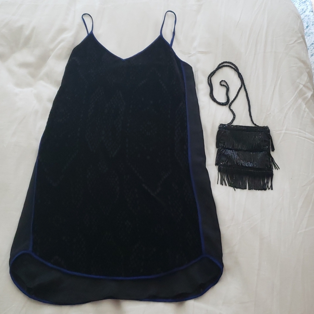 RebeccaTaylor blue/blk velvet silk high low slip dress